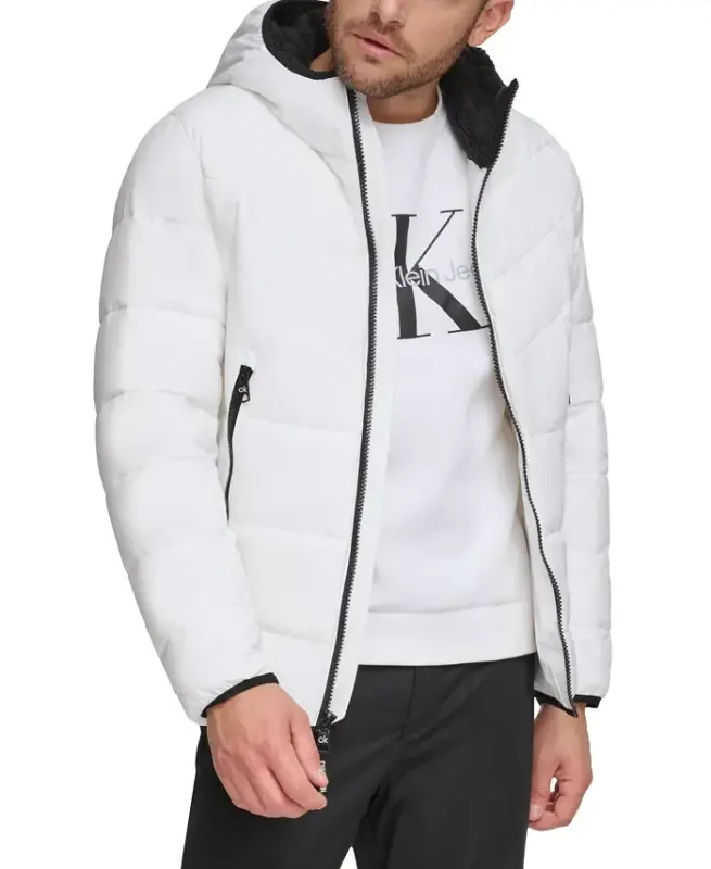 Men's Chevron Stretch Jacket With Sherpa Lined Hood - White - 3