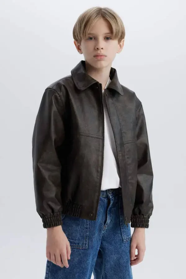 Men's Child Water-Repellent Polo Neck Zippered Faux Leather Jacket Coffee - 3