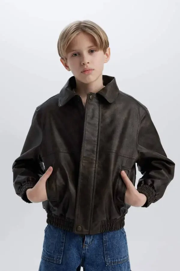 Men's Child Water-Repellent Polo Neck Zippered Faux Leather Jacket Coffee - 4
