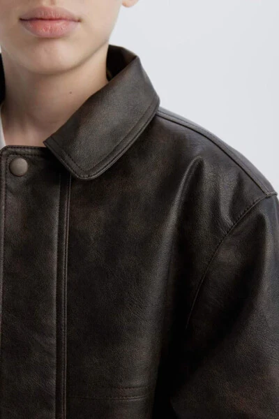 Men's Child Water-Repellent Polo Neck Zippered Faux Leather Jacket Coffee - 5