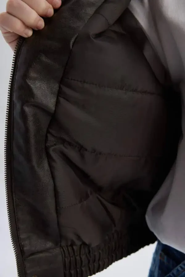 Men's Child Water-Repellent Polo Neck Zippered Faux Leather Jacket Coffee - 6