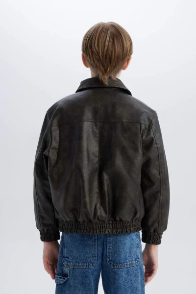 Men's Child Water-Repellent Polo Neck Zippered Faux Leather Jacket Coffee - 7