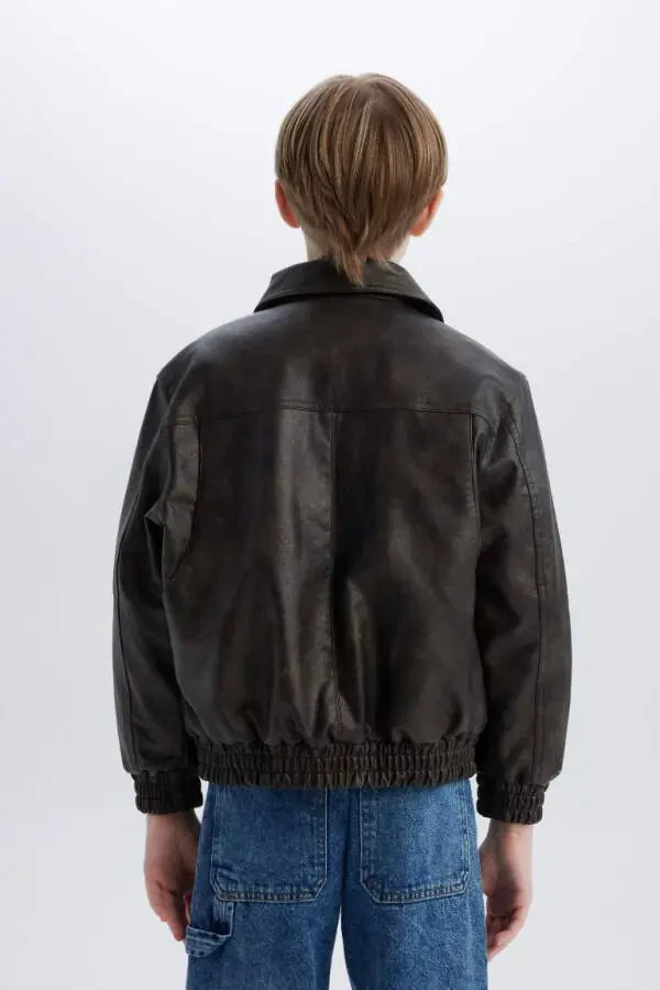 Men's Child Water-Repellent Polo Neck Zippered Faux Leather Jacket Coffee - 7