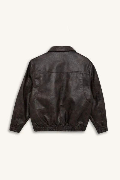 Men's Child Water-Repellent Polo Neck Zippered Faux Leather Jacket Coffee - 10