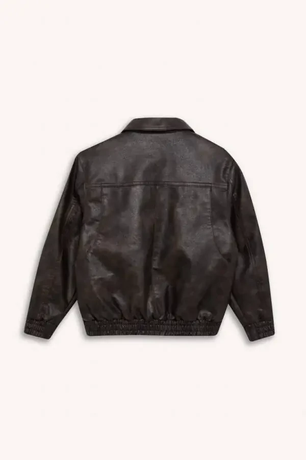 Men's Child Water-Repellent Polo Neck Zippered Faux Leather Jacket Coffee - 10