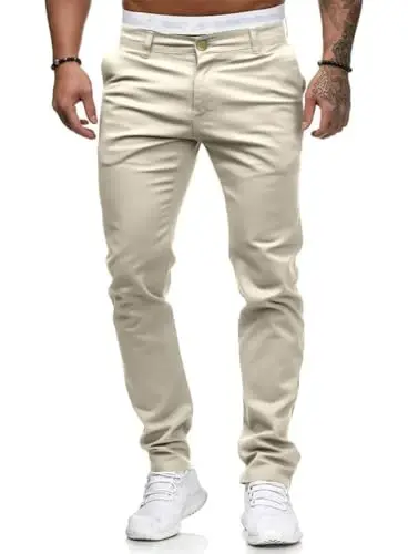 Mens Chinos Slim Fit Stretch Flat-Front Skinny Dress Pants - HUNGSON (1)