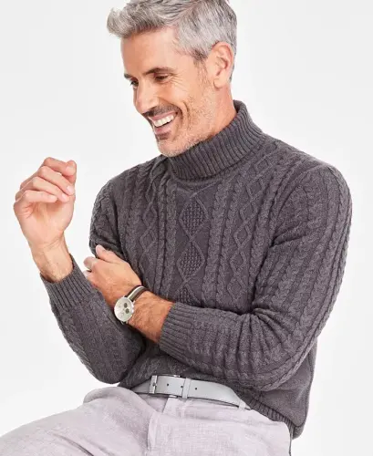Men's Chunky Turtleneck Sweater, Created for Modazone - Charcoal Heather - 3