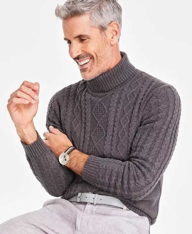Men's Chunky Turtleneck Sweater, Created for Modazone - Charcoal Heather - 3