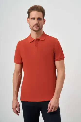 Men's Cinnamon Basic Plain 100% Cotton Slim Fit Narrow Cut Short Sleeve Polo Neck T-Shirt - 1