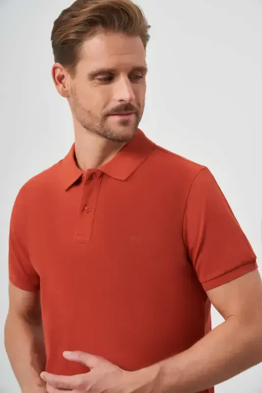 Men's Cinnamon Basic Plain 100% Cotton Slim Fit Narrow Cut Short Sleeve Polo Neck T-Shirt - 3