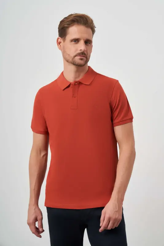Erkek Tarçın Basic Düz %100 Pamuk Slim Fit Dar Kesim Kısa Kollu Polo Yaka Tişört - 2