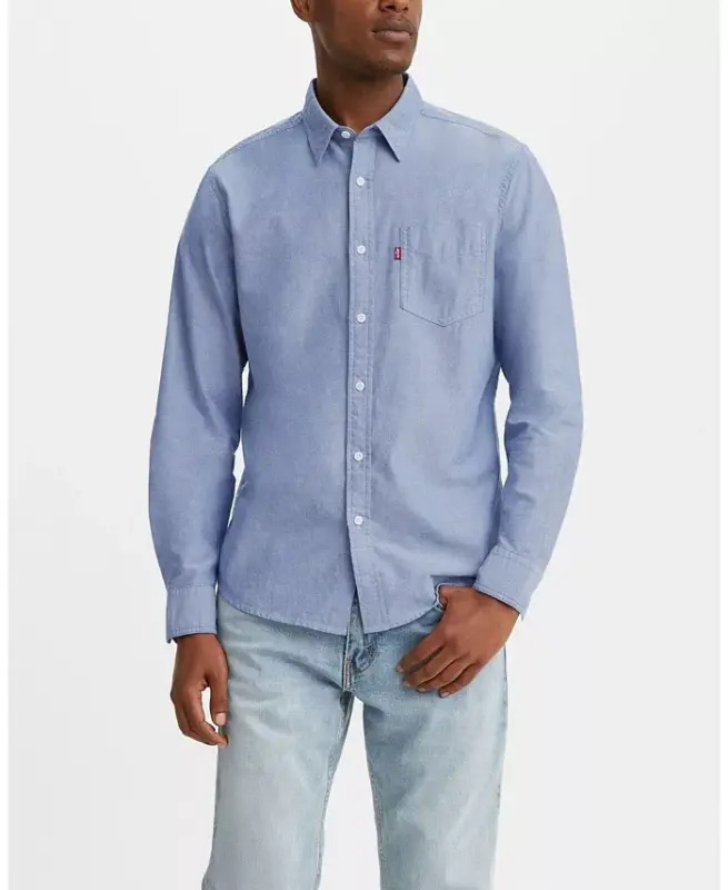 Men's Classic 1 Pocket Regular-Fit Long Sleeve Shirt-Navy Peony - 1