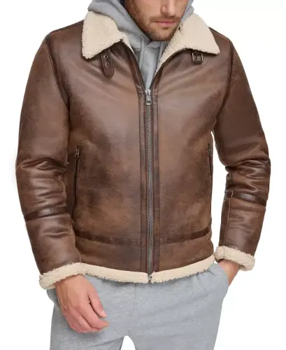 Men's Classic Faux Shearling B-3 Bomber Jacket-Brown - 1