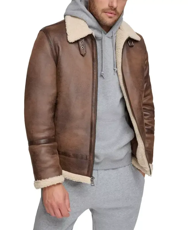 Men's Classic Faux Shearling B-3 Bomber Jacket-Brown - 3