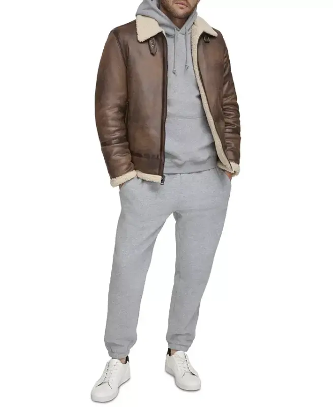 Men's Classic Faux Shearling B-3 Bomber Jacket-Brown - 4