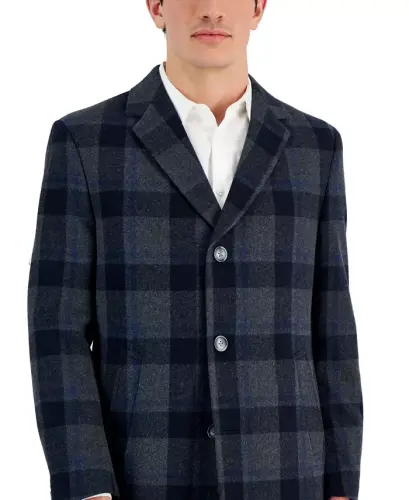 Men's Classic-Fit Camber Wool Overcoat - Grey Blue Glenn Plaid - 3