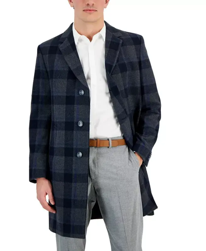 Men's Classic-Fit Camber Wool Overcoat - Grey Blue Glenn Plaid - 1