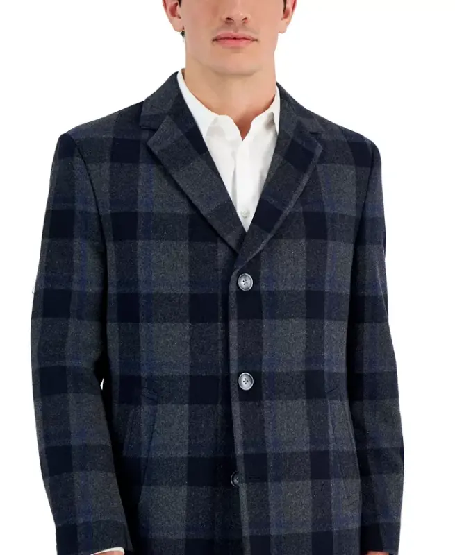 Men's Classic-Fit Camber Wool Overcoat - Grey Blue Glenn Plaid - 3