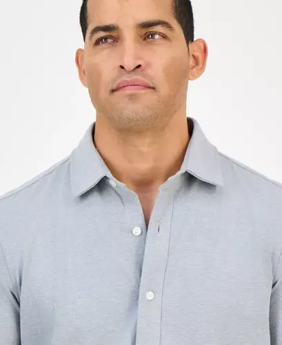 Men's Classic-Fit Heathered Jersey-Knit Button-Down Shirt, Created for Modazone -Casual Grey Heather - 3