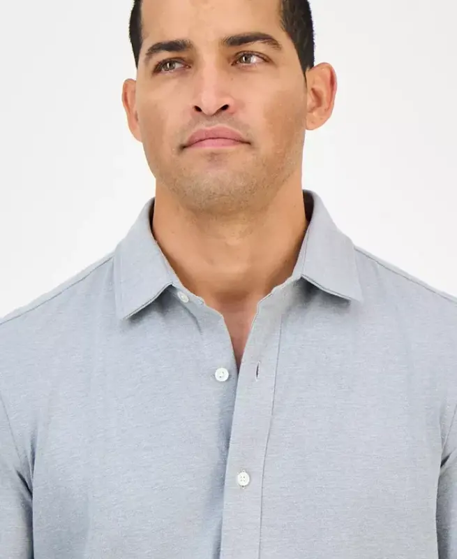 Men's Classic-Fit Heathered Jersey-Knit Button-Down Shirt, Created for Modazone -Casual Grey Heather - 3
