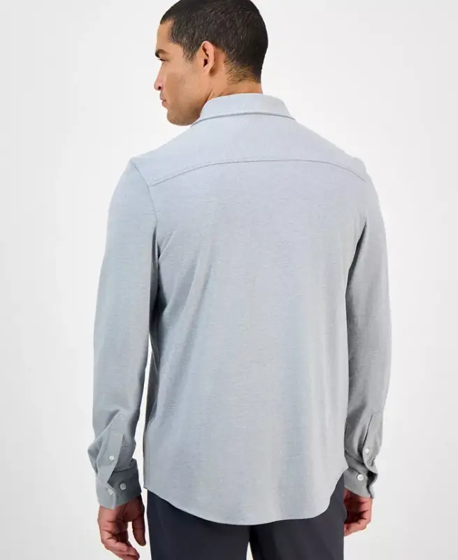 Men's Classic-Fit Heathered Jersey-Knit Button-Down Shirt, Created for Modazone -Casual Grey Heather - 4