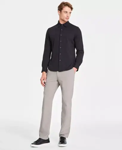Men's Classic-Fit Heathered Jersey-Knit Button-Down Shirt, Created for Modazone -Deep Black - 4