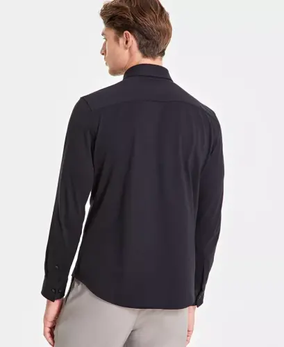 Men's Classic-Fit Heathered Jersey-Knit Button-Down Shirt, Created for Modazone -Deep Black - 2