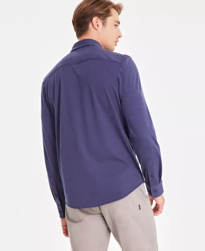 Men's Classic-Fit Heathered Jersey-Knit Button-Down Shirt, Created for Modazone -Neo Navy - 2