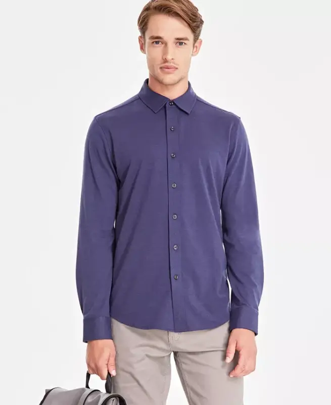 Men's Classic-Fit Heathered Jersey-Knit Button-Down Shirt, Created for Modazone -Neo Navy - ALFANI
