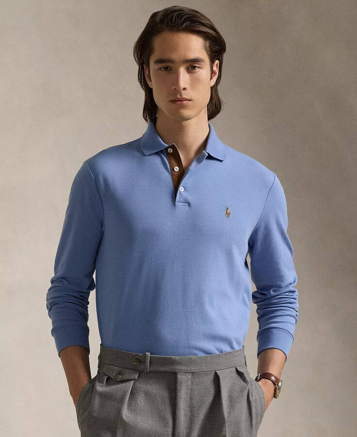 Men's Classic-Fit Long Sleeve Soft Cotton Polo Shirt Blue - 1