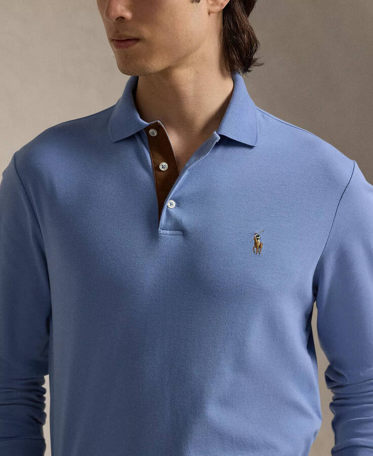 Men's Classic-Fit Long Sleeve Soft Cotton Polo Shirt Blue - 3