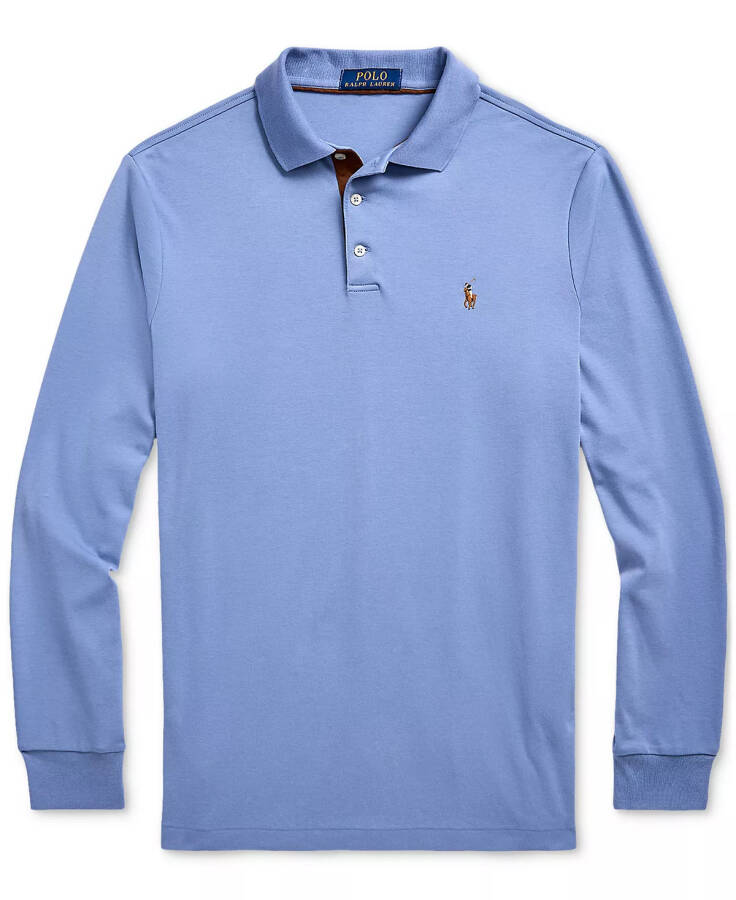 Men's Classic-Fit Long Sleeve Soft Cotton Polo Shirt Blue - 6