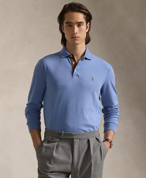 Men's Classic-Fit Long Sleeve Soft Cotton Polo Shirt Blue - 7