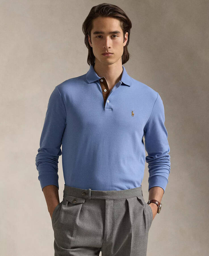 Men's Classic-Fit Long Sleeve Soft Cotton Polo Shirt Blue - 7