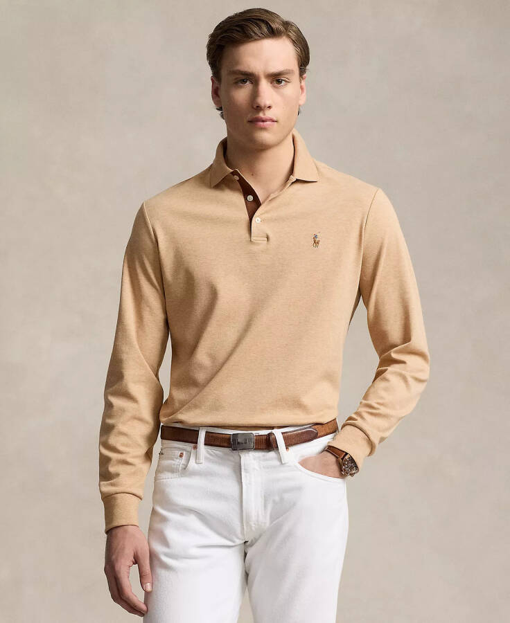 Men's Classic-Fit Long Sleeve Soft Cotton Polo Shirt Camel - 1