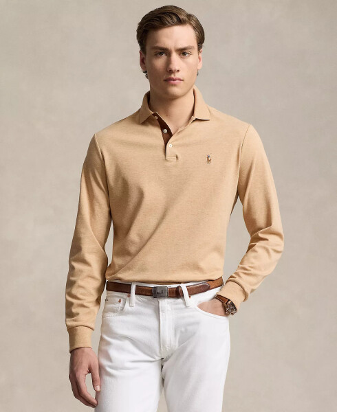 Men's Classic-Fit Long Sleeve Soft Cotton Polo Shirt Camel - 6