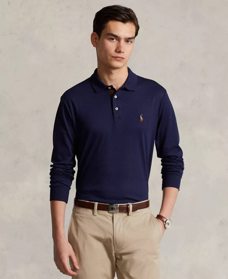 Men's Classic-Fit Long Sleeve Soft Cotton Polo Shirt Refined Navy - 1