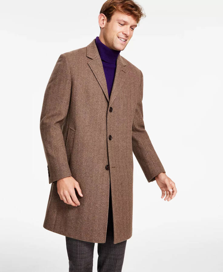 Men's Classic Fit Luxury Wool Cashmere Blend Overcoats Brown Herringbone - 4