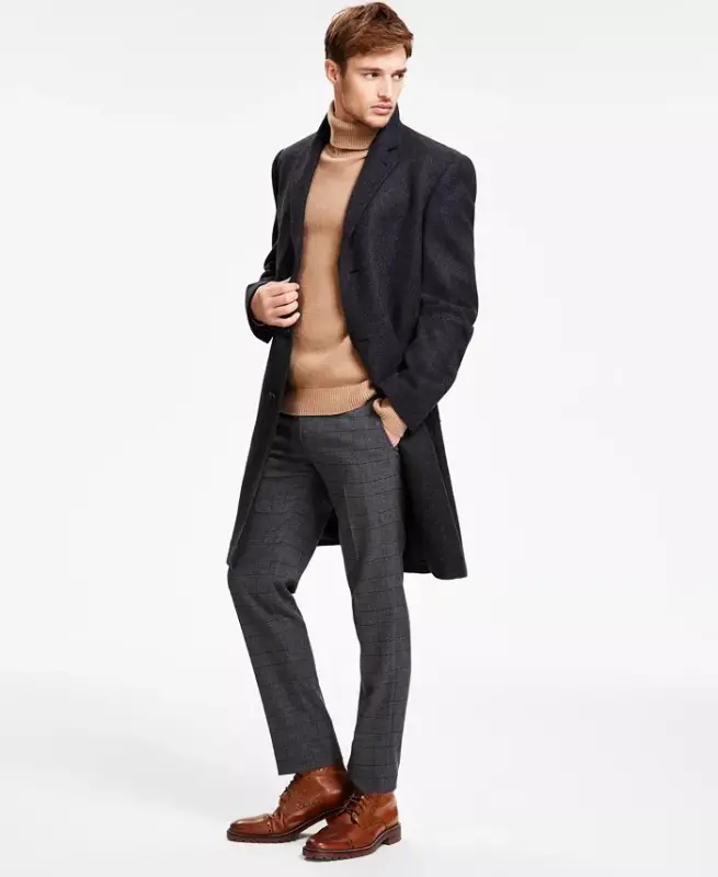 Men's Classic Fit Luxury Wool CasModazoneere Blend Overcoats-Charcoal - 1