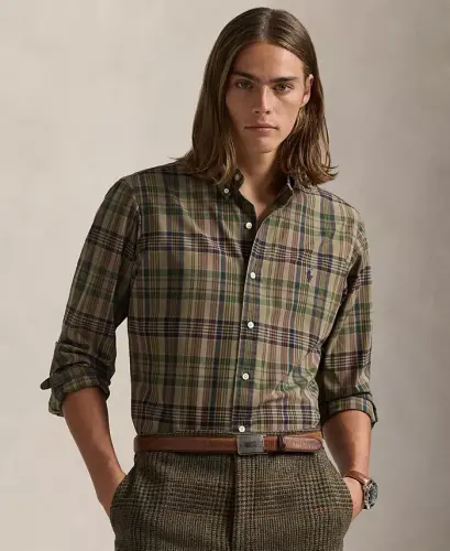 Men's Classic-Fit Plaid Performance Shirt - Khaki/Navy Multi - 1