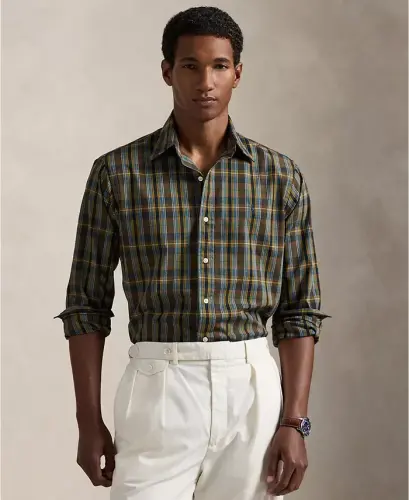 Men's Classic-Fit Plaid Performance Shirt - Navy /Brown Multi 