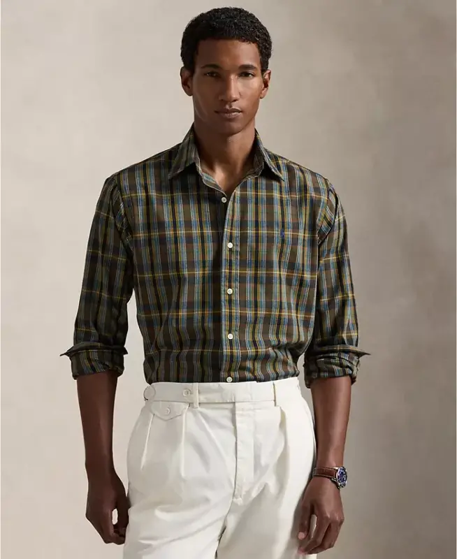 Men's Classic-Fit Plaid Performance Shirt - Navy /Brown Multi - 1