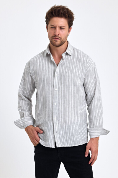 Men's Classic Fit Regular Fit Long Sleeve 100% Cotton Linen Blend Roll-Up Sleeve Striped Shirt - 2