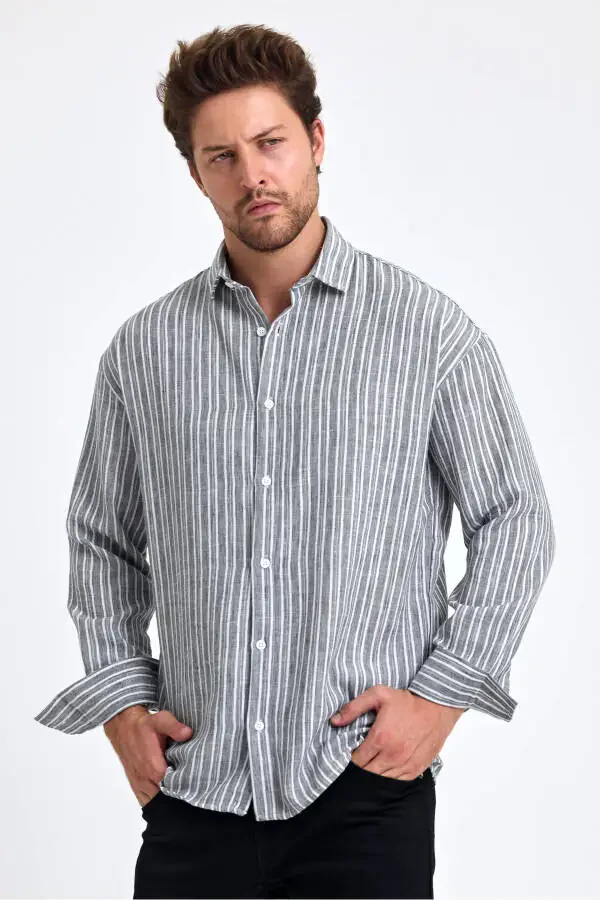 Men's Classic Fit Regular Fit Long Sleeve 100% Cotton Linen Blend Roll-Up Sleeve Striped Shirt - 2
