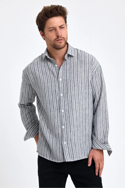 Men's Classic Fit Regular Fit Long Sleeve 100% Cotton Linen Blend Roll-Up Sleeve Striped Shirt - 3