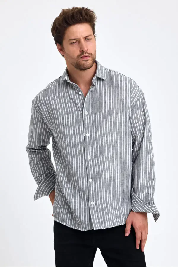 Men's Classic Fit Regular Fit Long Sleeve 100% Cotton Linen Blend Roll-Up Sleeve Striped Shirt - 3