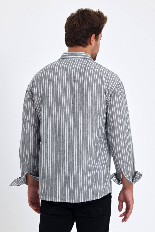 Men's Classic Fit Regular Fit Long Sleeve 100% Cotton Linen Texture Fold Over Sleeve Striped Shirt - 4