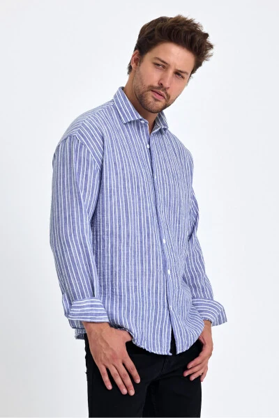 Men's Classic Fit Regular Fit Long Sleeve 100% Cotton Linen Texture Roll-Up Sleeve Striped Shirt - 3