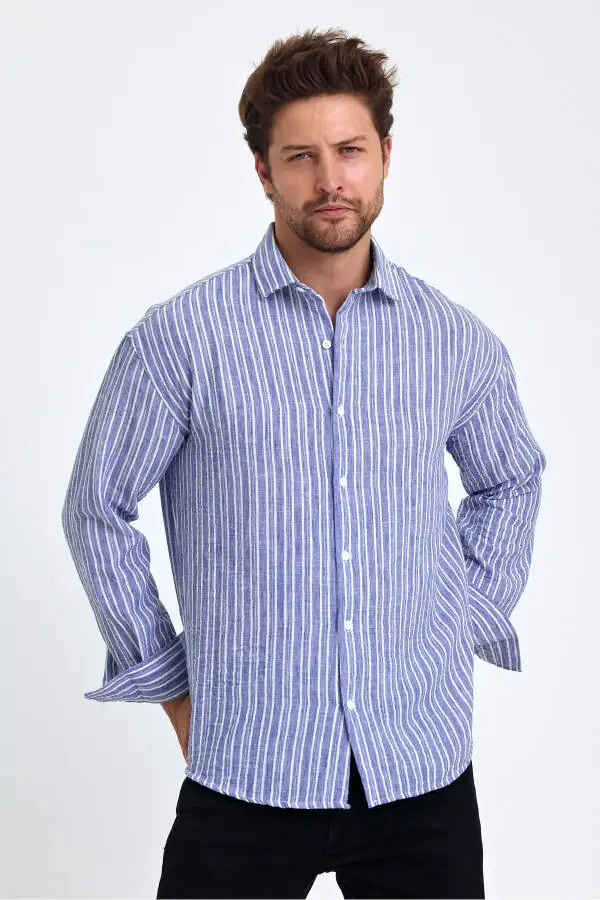 Men's Classic Fit Regular Fit Long Sleeve 100% Cotton Linen Texture Roll-Up Sleeve Striped Shirt - 4