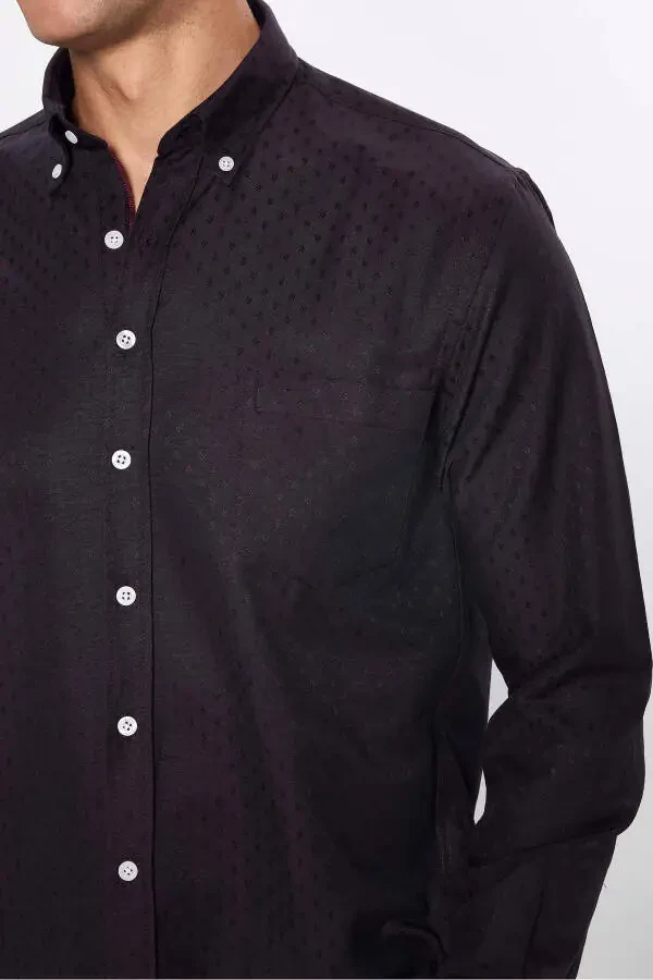 Men's Classic Fit Regular Fit Long Sleeve Cotton Easy Iron Armoured Maroon Button Down Collar Shirt - 5